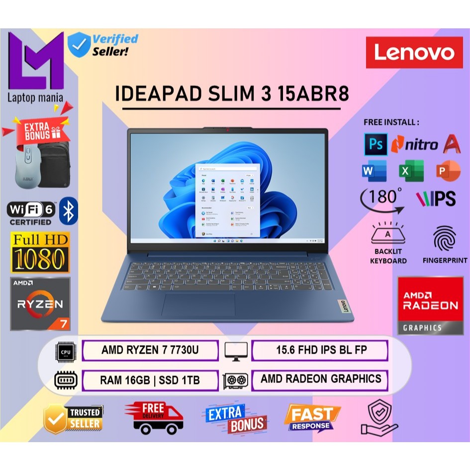 Laptop Lenovo Ideapad Slim 3 15 Ryzen 7 7730U 16GB 1TB 15.6 inch FHD IPS Win11Home