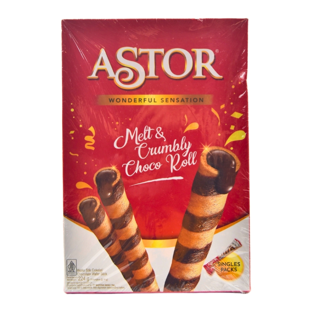 

Biskuit Wafer Roll Coklat ASTOR Festive 224 Gr Box