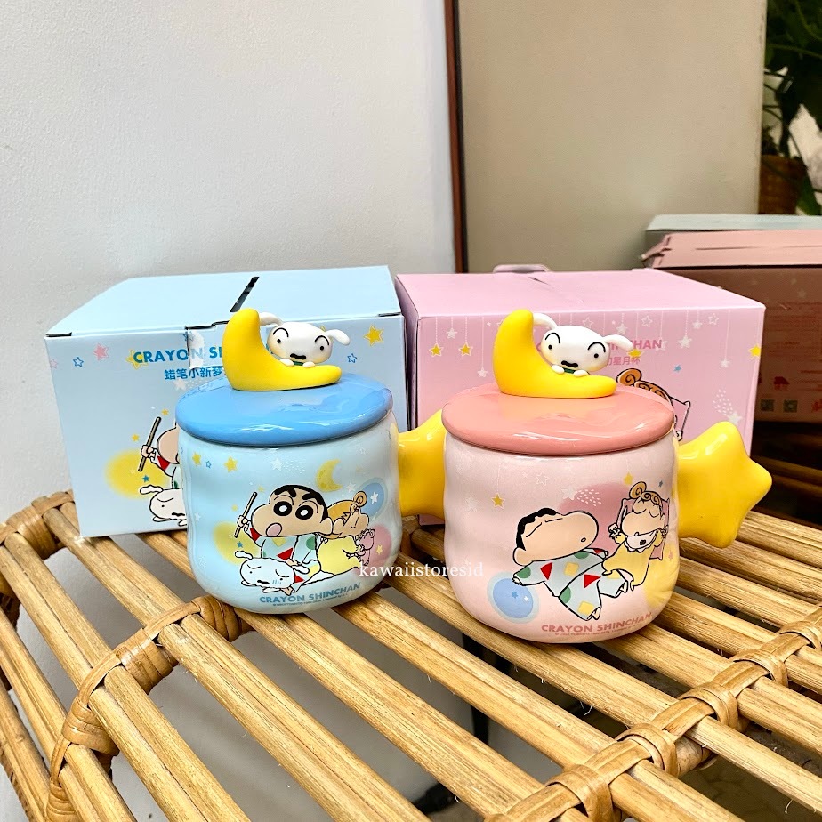 Mug Cangkir Keramik Gelas Mug Keramik Tutup Maskot Karakter Sinchan Shinchan Biru Pink Lucu Unik Gif