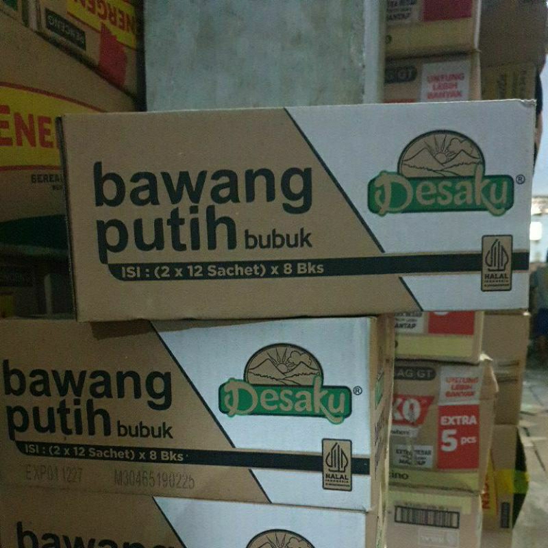 

BAWANG PUTIH BUBUK DESAKU (KARTONAN). ISI: (2 x 12 SASET) x 8 BKS. EXP. 01-12-2027