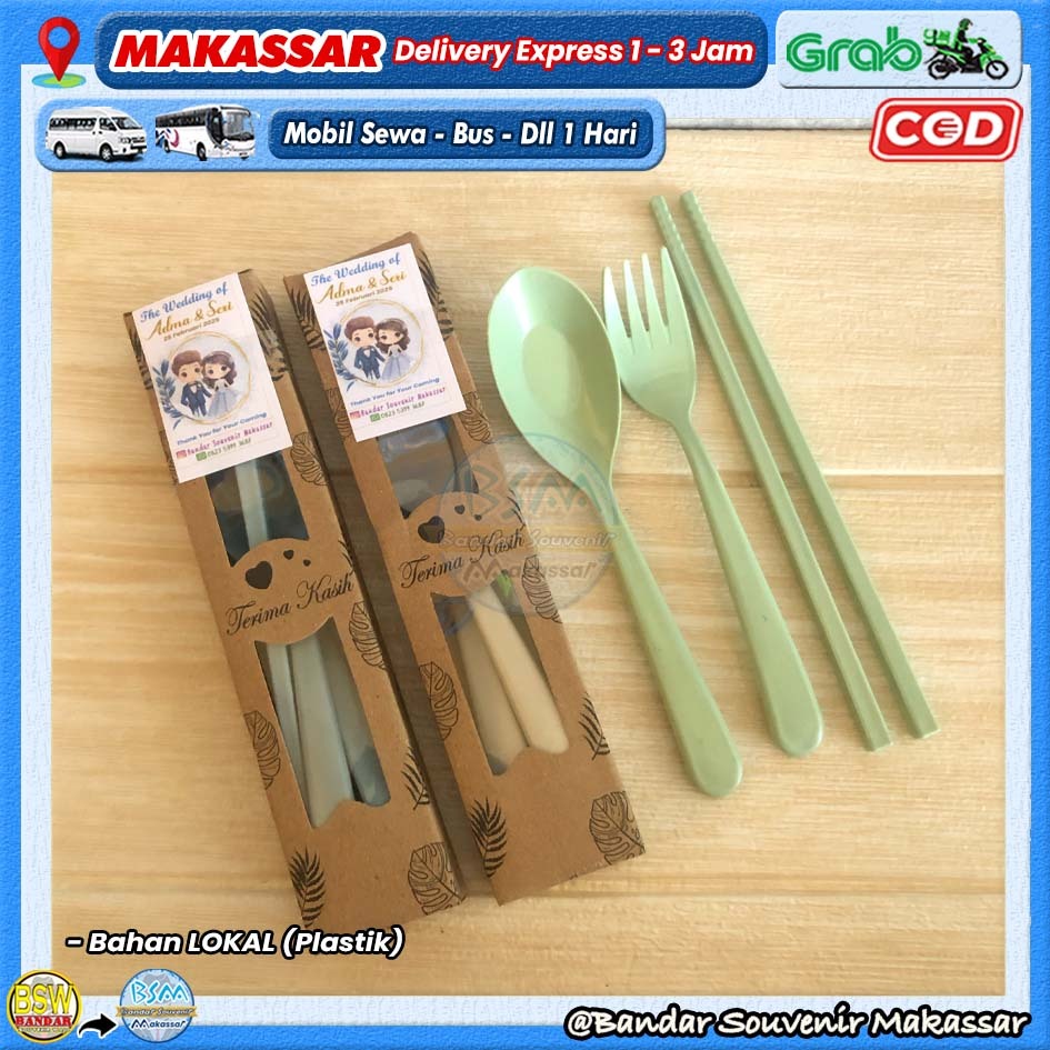 ( isi 50 pcs ) Souvenir Sendok Garpu Sumpit LOKAL Set Travel Kemas BOX RUSTIK Makassar Mamuju Manado