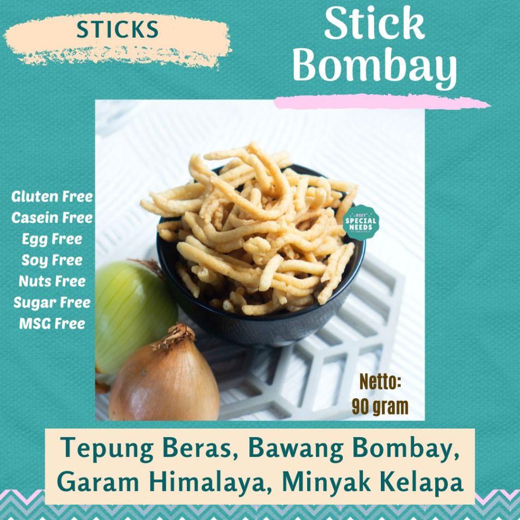 

Stick Bawang Bombay / Onion Stick - Gluten Free Sugar Free MSG Free Dairy Free Egg Free tanpa bahan pengawet digoreng dengan minyak kelapa menggunakan garam Himalaya - Diet Special Needs