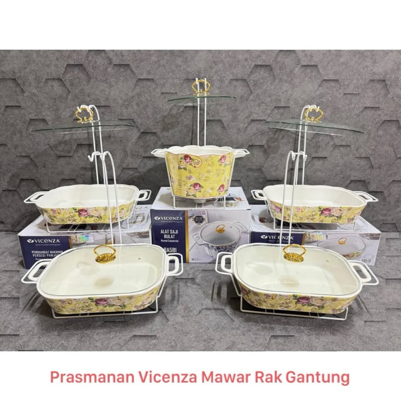 Vicenza Prasmanan Keramik + Tempat Soup Set 5 Rak Gantung Tutup Kaca Motif Mawar / Melati / Ayana