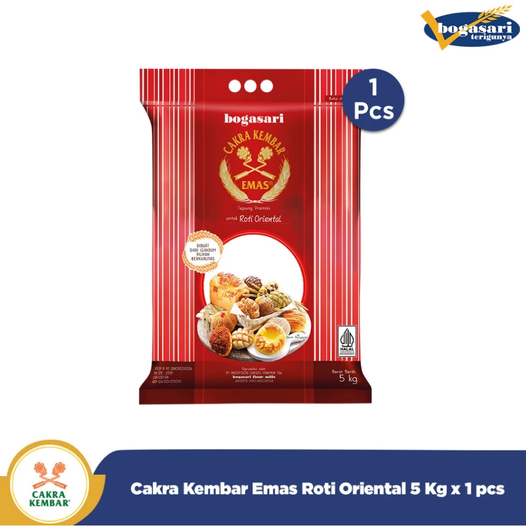 

Tepung Terigu Bogasari Cakra Kembar Emas Roti Oriental 5 kg