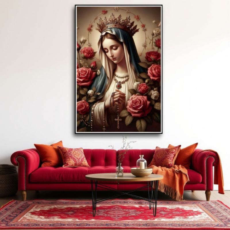 Cetak poster hiasan dinding Bunda Maria kalung Salib Rosario dekorasi rumah ruangan Tamu kamar tidur