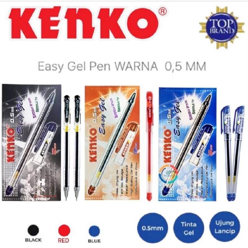 

Pulpen Gel Bolpen Pena Kenko EASY GELL 0,5mm Hitam / Biru (1pak = 12 pc