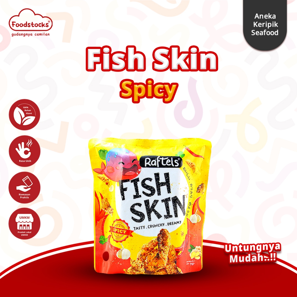 

Raftels - Keripik Kulit Ikan / Fish Skin Rasa Spicy 75gr Halal 1 Dus Isi 10 Pcs