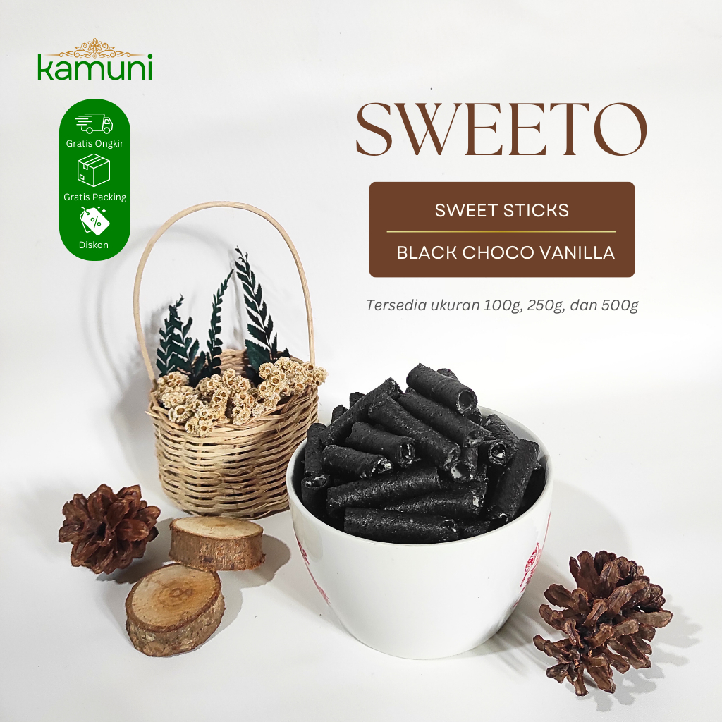 

Sweeto Sweet Stick Black Choco Vanilla 100g – Cemilan Manis Renyah, Tersedia Harga Grosir | KAMUNI Multi Pangan