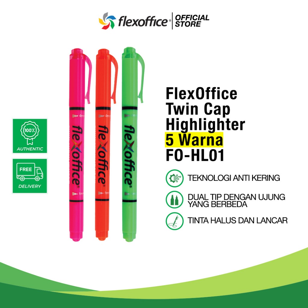 

FlexOffice Twin Cap Type Highlighter FO-HL01 5 warna neon highlight belajar sekolah kantor anak