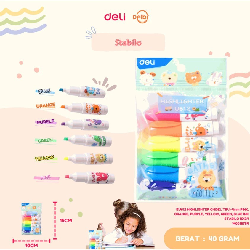 

DELI HIGHLIGHTER CHISEL TIP:1-4mm PINK, ORANGE, PURPLE, YELLOW, GREEN, BLUE INK STABILO