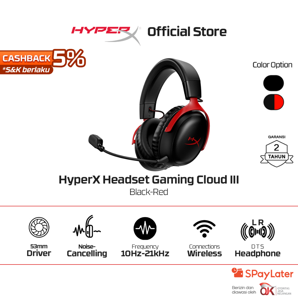 HyperX Headset Gaming Cloud III - Black / Red Wireless Noise Cancelling Spatial Audio Leather Stereo