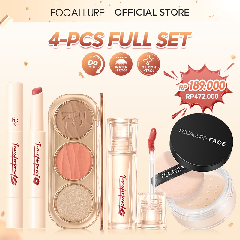 FOCALLURE 4PCS Makeup Set 3IN1 Facial Palette Oil-Control Powder Lip Tint Glossy Balm