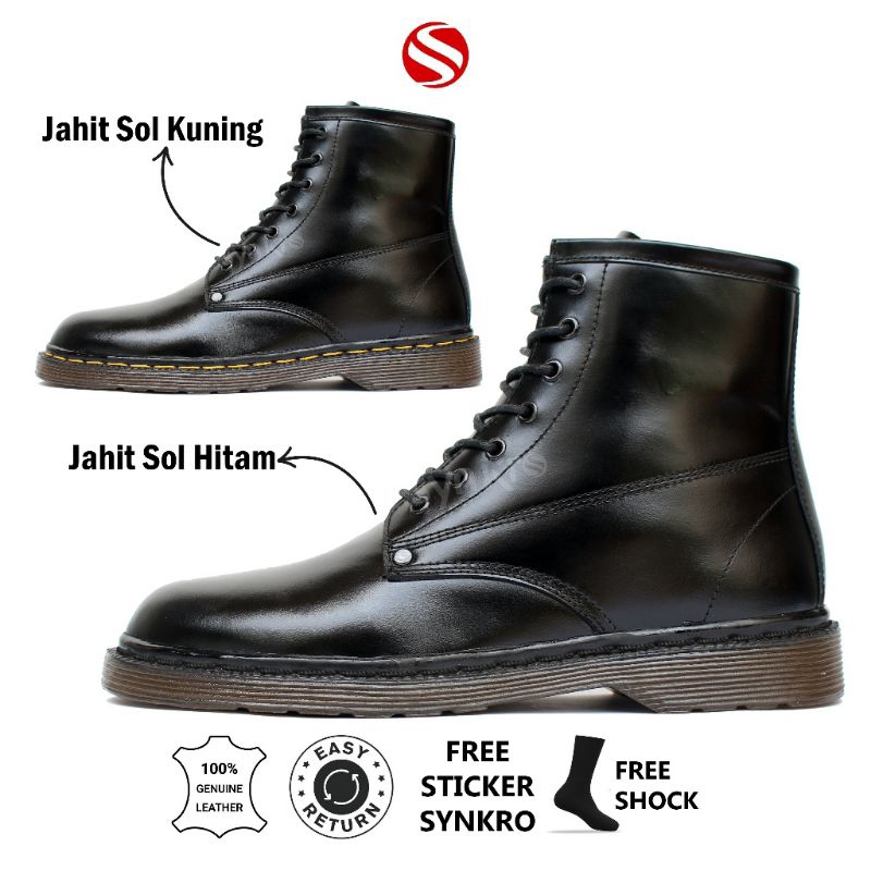 38-44 Synkro Agra - Sepatu Boots Pria Kulit Asli Hitam Model Docmart Terlaris