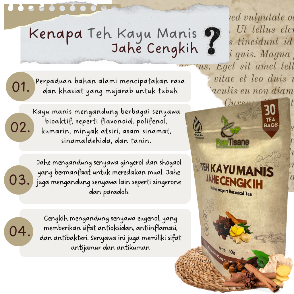 

RAW TISANE Teh Celup Kayu Manis With Jahe & Cengkih Isi 30 Tea Bag