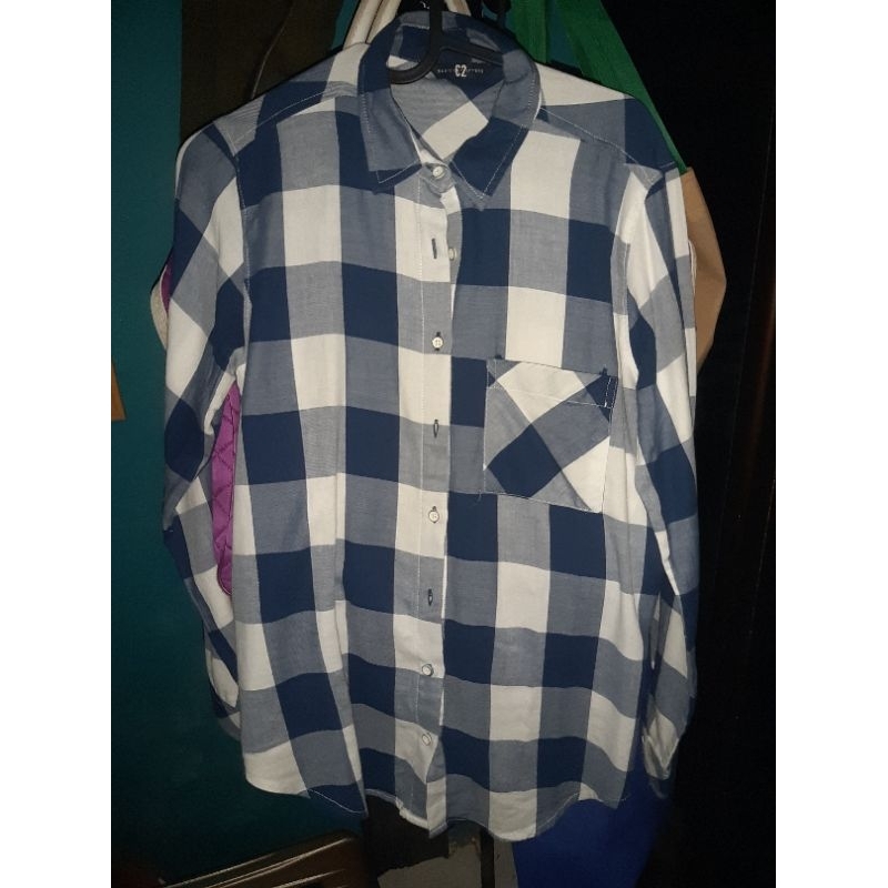 preloved kemeja lengan panjang unisex wanita pria flanel biru kotak kotak kerja