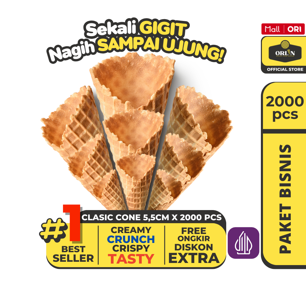 

ORLIN Paket Bisnis Cone Es krim Waffle Clasic 5,5cmx13cm isi 2000pcs Sekali Gigit Nagih Sampai Ujung