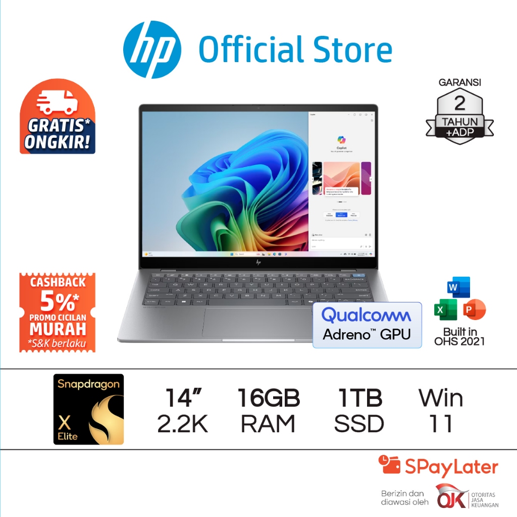 Laptop HP OmniBook X Snapdragon X Elite Qualcomm Adreno 16GB / 32GB RAM 1TB SSD Silver Windows 11 Ho
