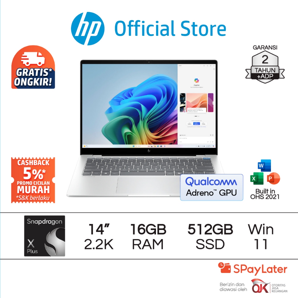 Laptop HP OmniBook X Snapdragon X Plus Qualcomm Adreno 16GB RAM 512GB SSD Silver Windows 11 Home 14 
