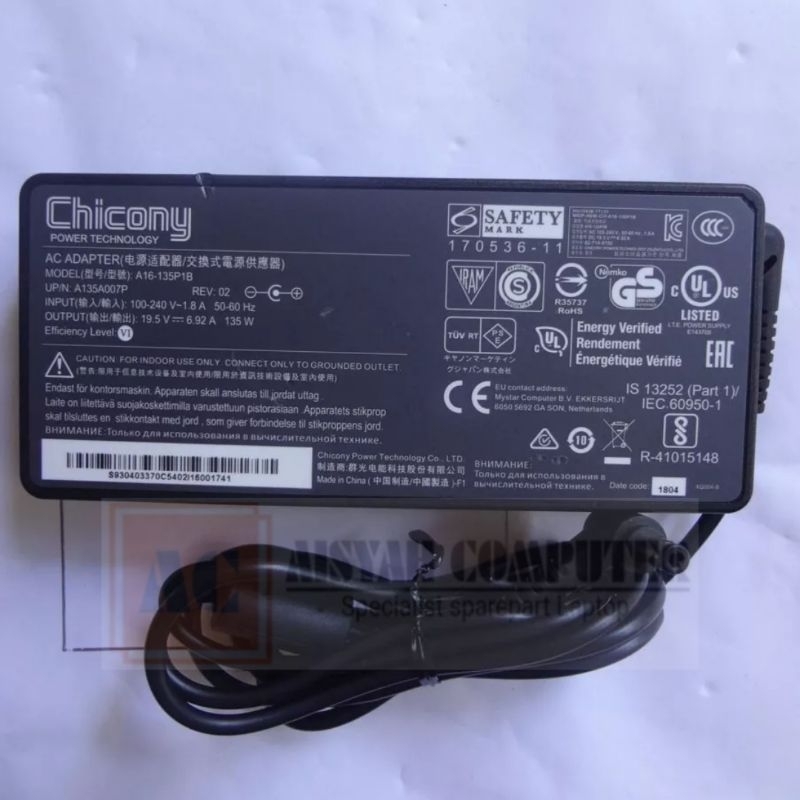 ORIGINAL CHICONY A16-135P1B 19.5V 6.92A 135W Charger MSI Apache GE62 7RD-41CA