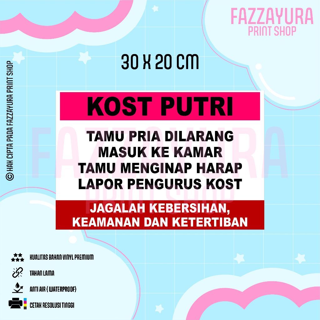 

STICKER PERATURAN KOST PUTRI TAMU PRIA DILARANG MASUK KE KAMAR 30 X 20 CM