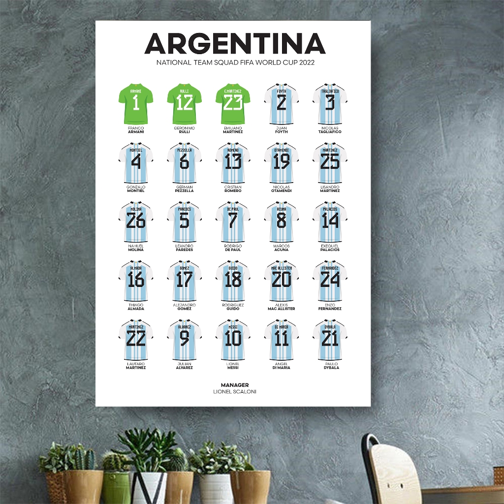 Poster Argentina World Cup 2022 Squad Lionel Messi Piala Dunia Poster Frame Sepakbola