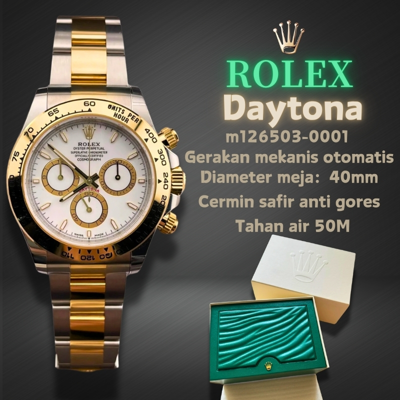 【✅Rolex 100% asli】Jam tangan pria Rolex Daytona M126503-0001 gerakan mekanis otomatis, cermin krista