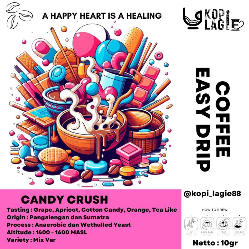

Kopi Dripbag saset dari Kopi Lagie Premium Arabica Pangalengan dan Sumatra dengan taste Candy Crush