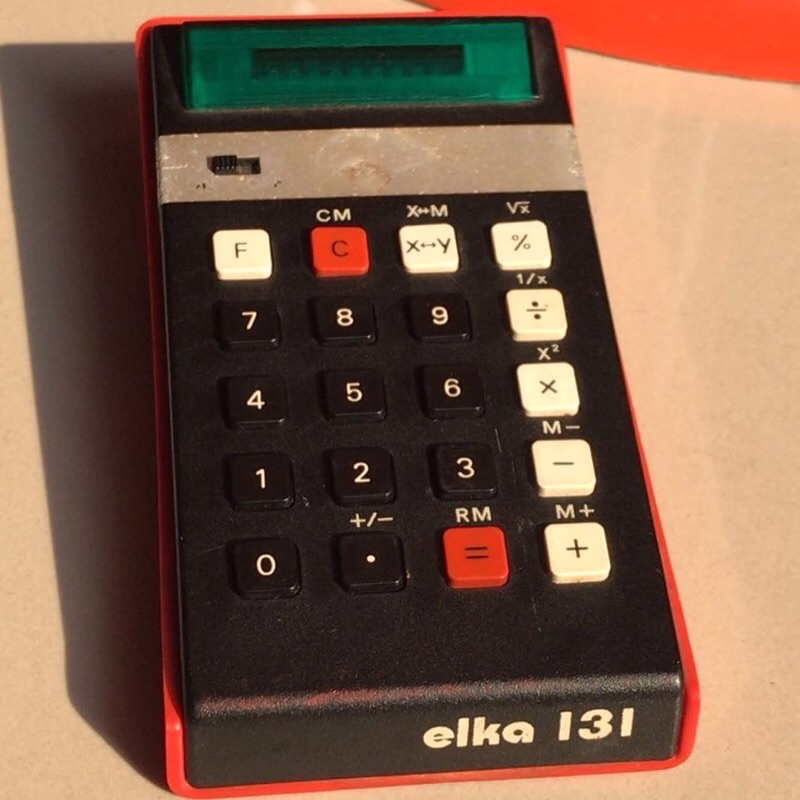 

Elka 131 is an arithmetic calculator space age design midcentury atomic postmodern object with 8 digits precision and algebraic logic. It has 10 functions, 20 keys, and a VFD (vacuum fluorescent) display