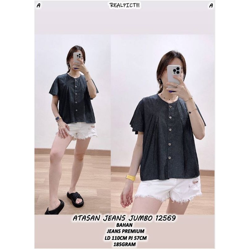 Atasan Jeans Jumbo 12569 - Bahan Jeans Premium - Warna Hitam, Navy, Biru - Santai, Nyaman, Variasi, 