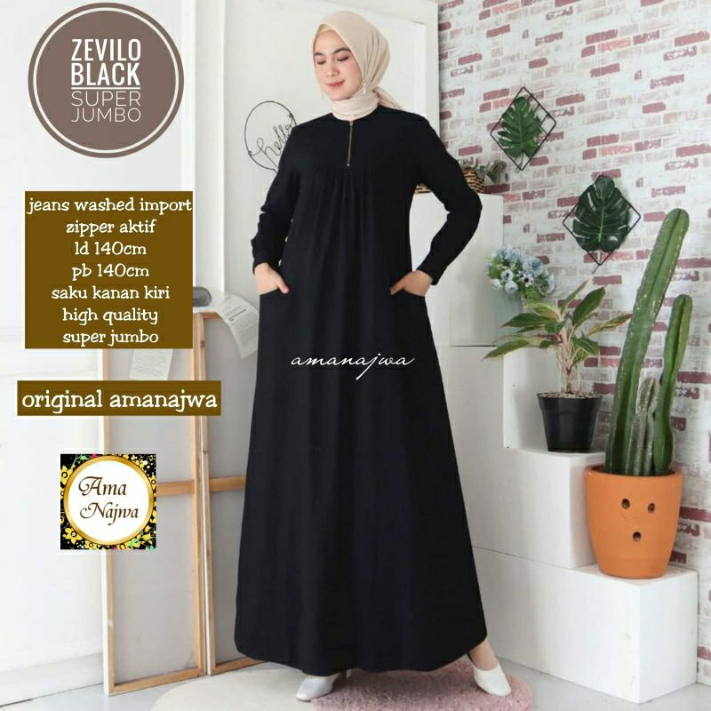 Sj Hitam Zevilo Ld 140 Gamis Jeans JUMBO OVERSIZE Dress bahan tebal Maxy / Amj