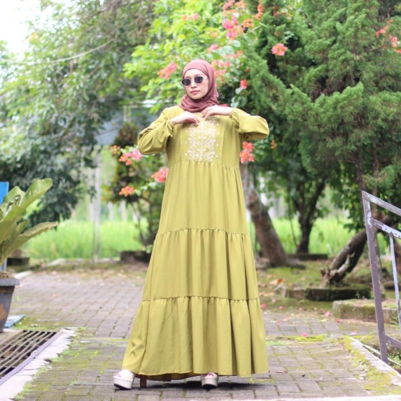 Dress Mix Bordir Polo Linen Hijau Lumut Premium