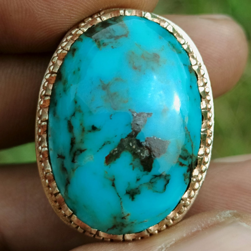 Batu Natural Pirus Hubei Biru Segar Jumbo Semi Polosan Urat Hitam Kontras Unik Dim-30 x22