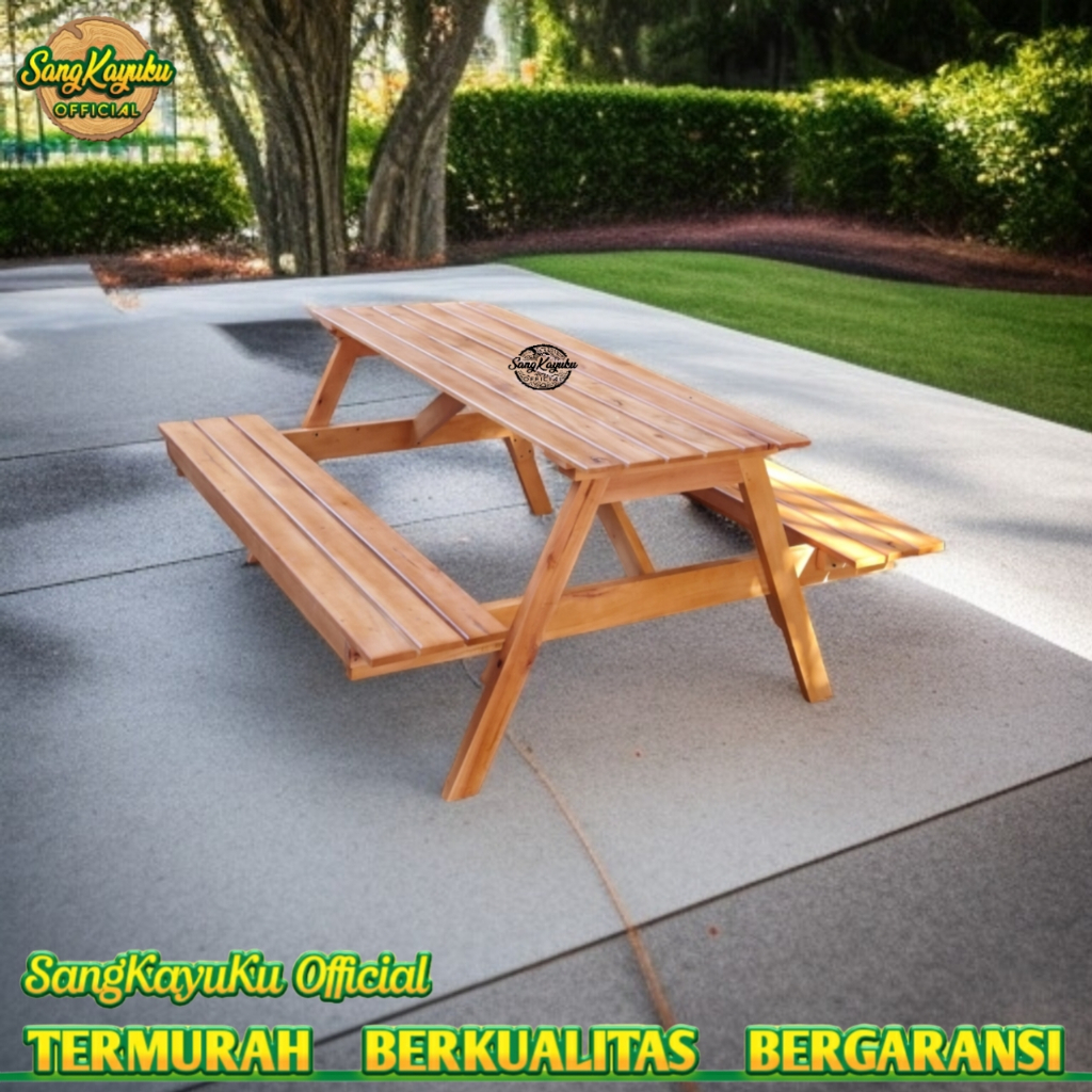 Meja Taman Kayu Minimalis Meja Kayu Outdoor Elegan Meja Taman Rustic & Natural Meja Piknik Kayu Serb