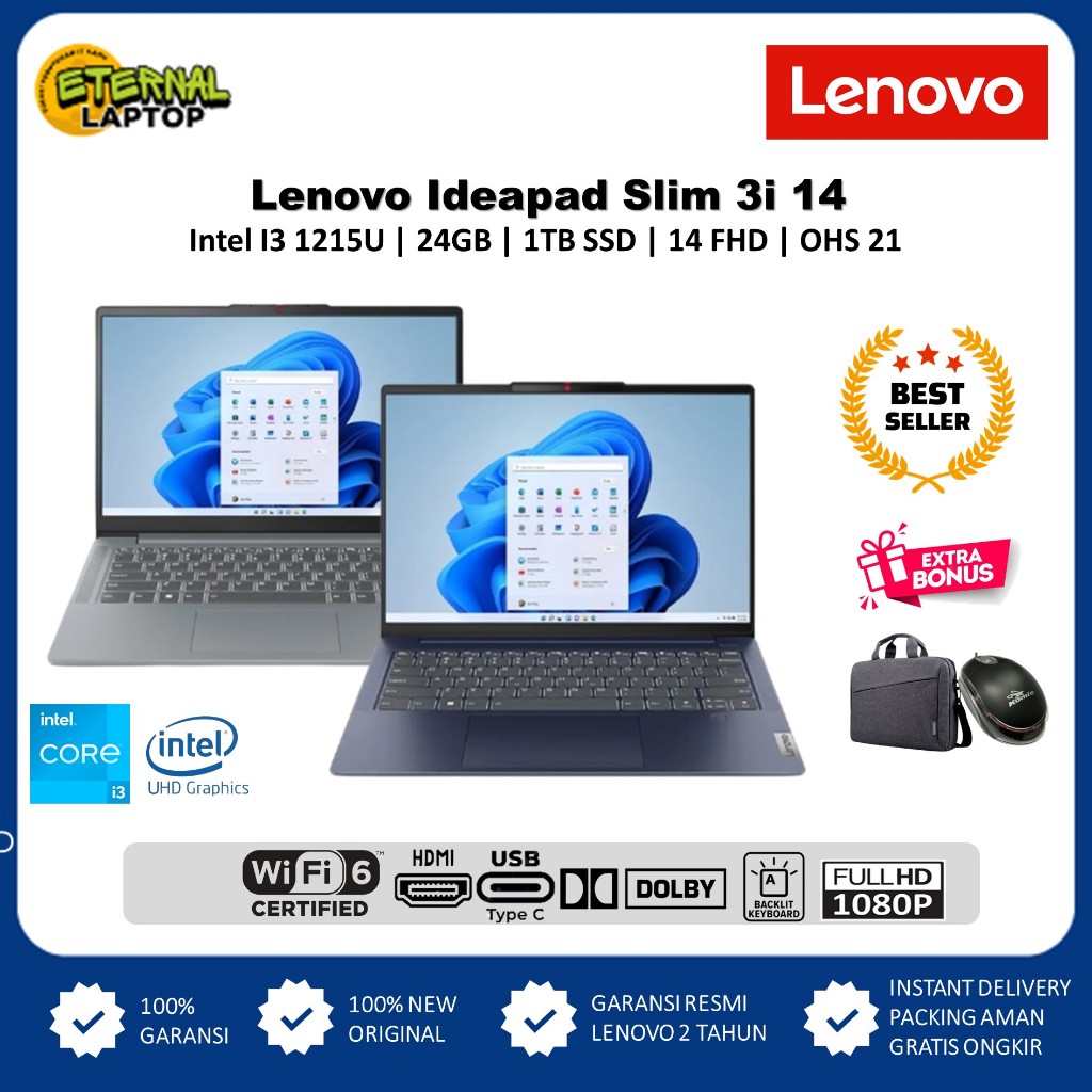 Laptop Terbaru LENOVO Ideapad Slim 3 14 Core i3 1215U Ram 24gb 512SSD UHD Graphic FHD Win11Home