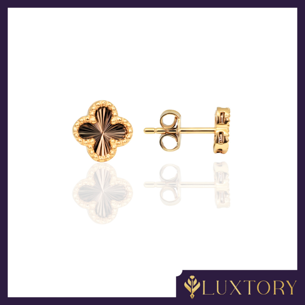 Giwang Emas Variasi Clover Hitam Ukir 6K Luxtory