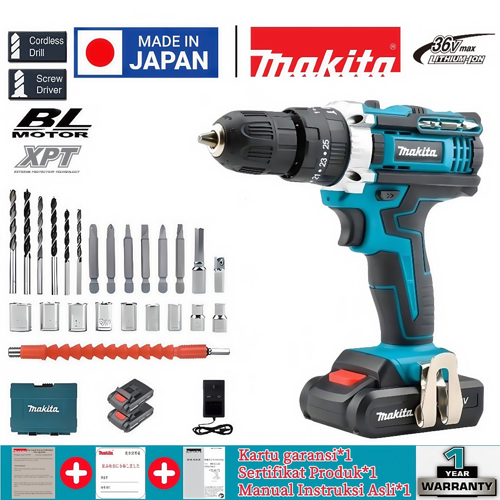 Makita HP333D 36V Bor Impact Nirkabel dari Jepang, daya tinggi baterai lithium, buku petunjuk origin