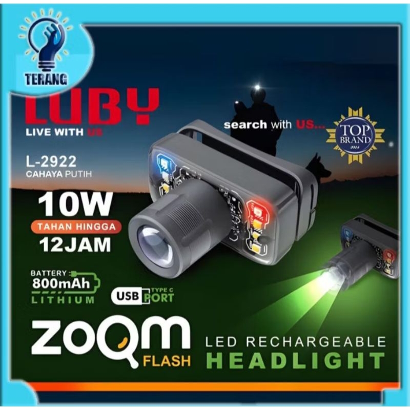 luby l-2922l senter kepala zoom mini 10watt cahaya putih tahan hingga 12jam