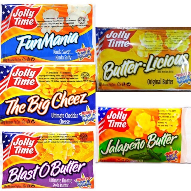 

Jolly time popcorn big cheez / blast o butter / fun mania 100 gram
