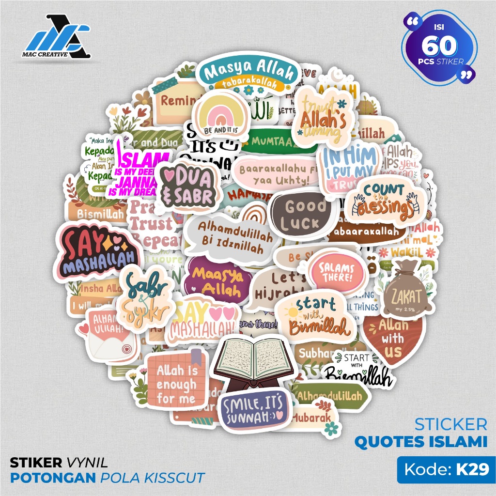 Stiker Pack Quotes Islami Aesthetic - Stiker Vinyl Anti Air Aksesori Buku Laptop Isi 60 pcs - K31