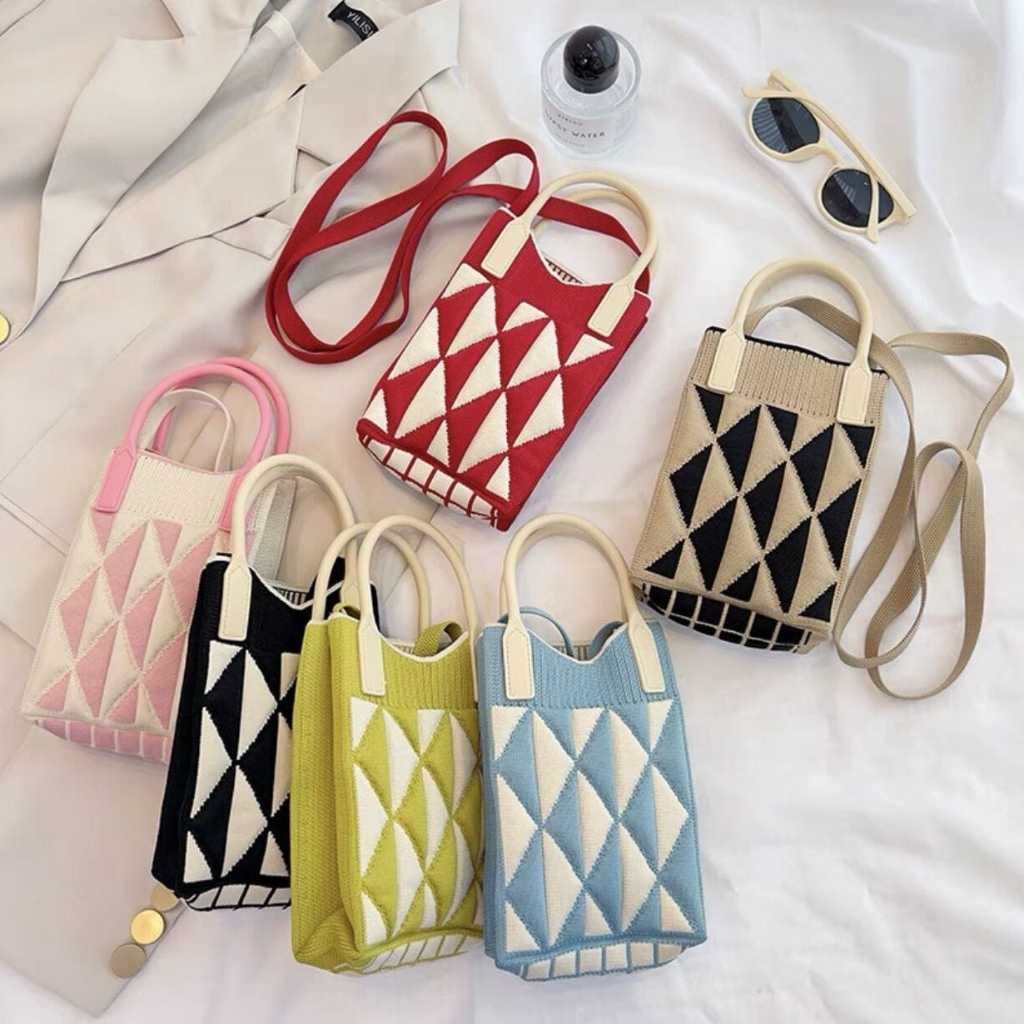 TAS HP MINI RAJUT SELEMPANG SLING BAG KNITTED MOTIF LUCU
