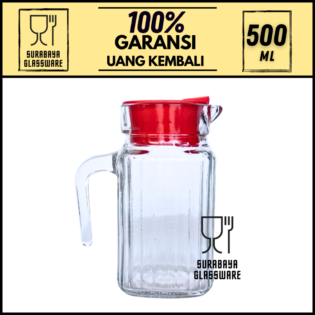 PITCHER GELAS KOTAK TEKO KACA 0,5 ML BELING Penyimpanan Minuman TUTUP PLASTIK PUTIH MERAH HALUS BERG