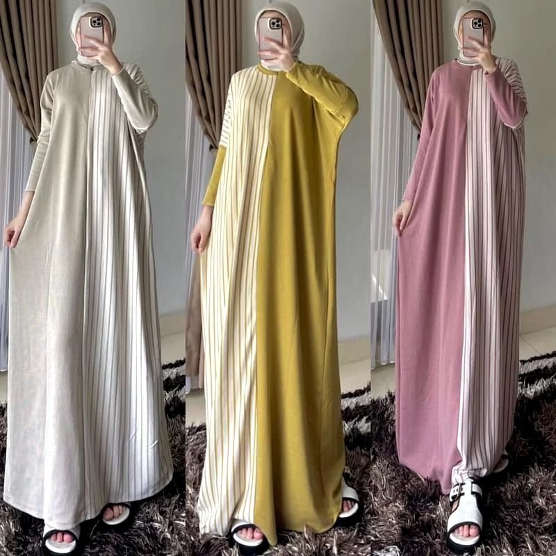 Gamis Batwing Knit Salur Premium | Gamis Busui knit Premium