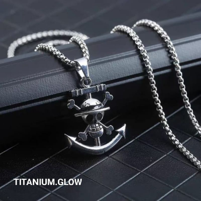 Kalung Titanium Rantai Jangkar Liontin Tengkorak untuk Pria Gaya Kasual