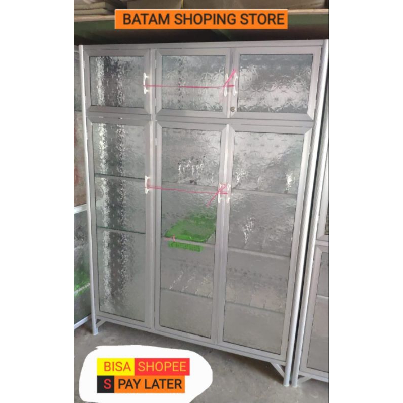 LEMARI PIRING DAPUR / RAK PIRING ALUMINIUM FULL KACA POLOS 3 PINTU