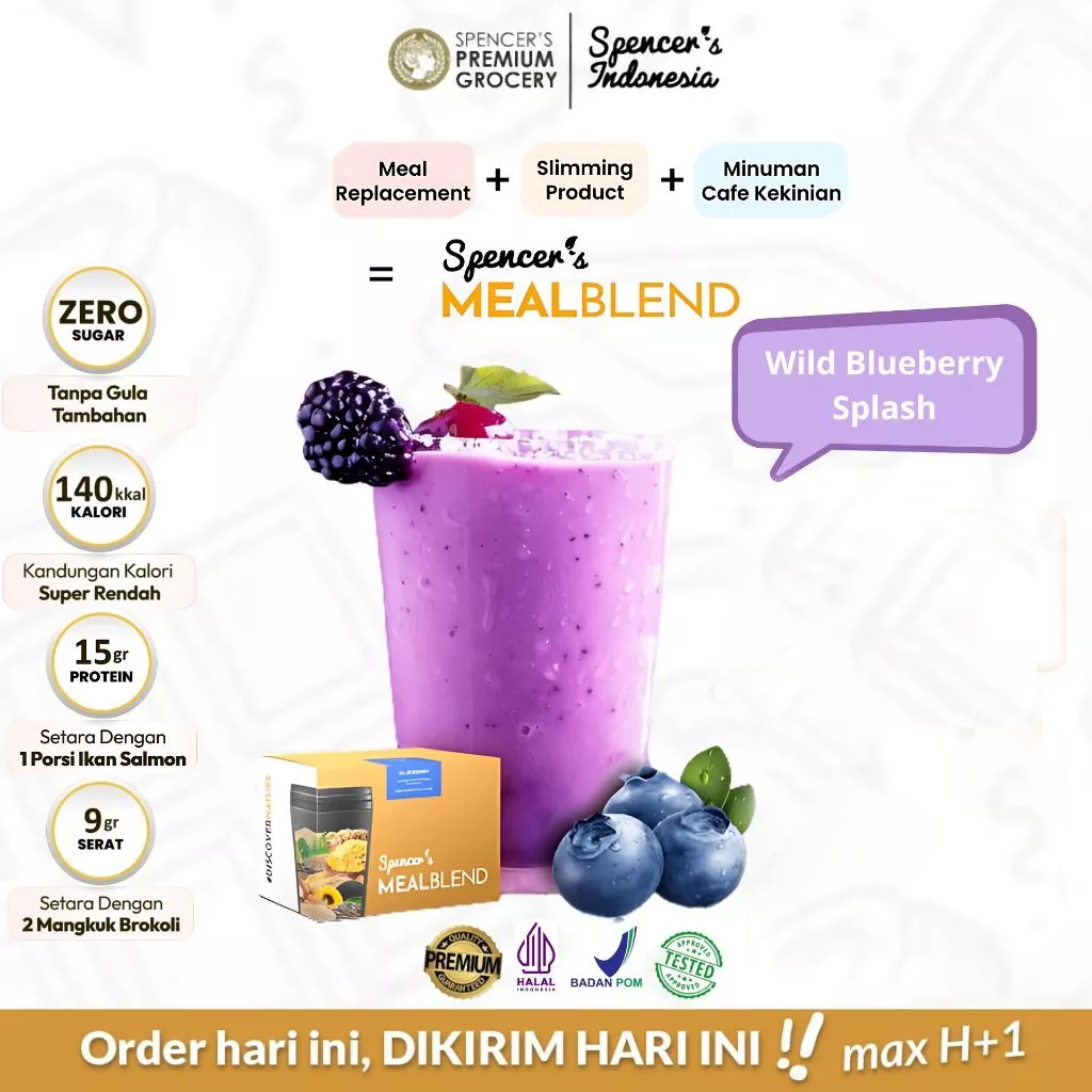 

Spencer's MealBlend Wild Blueberry Splash 1 Box (15 sachet x 38gr) - Meal Replacement Suplemen Pengganti Sarapan - Nutrisi Alami Rendah Kalori