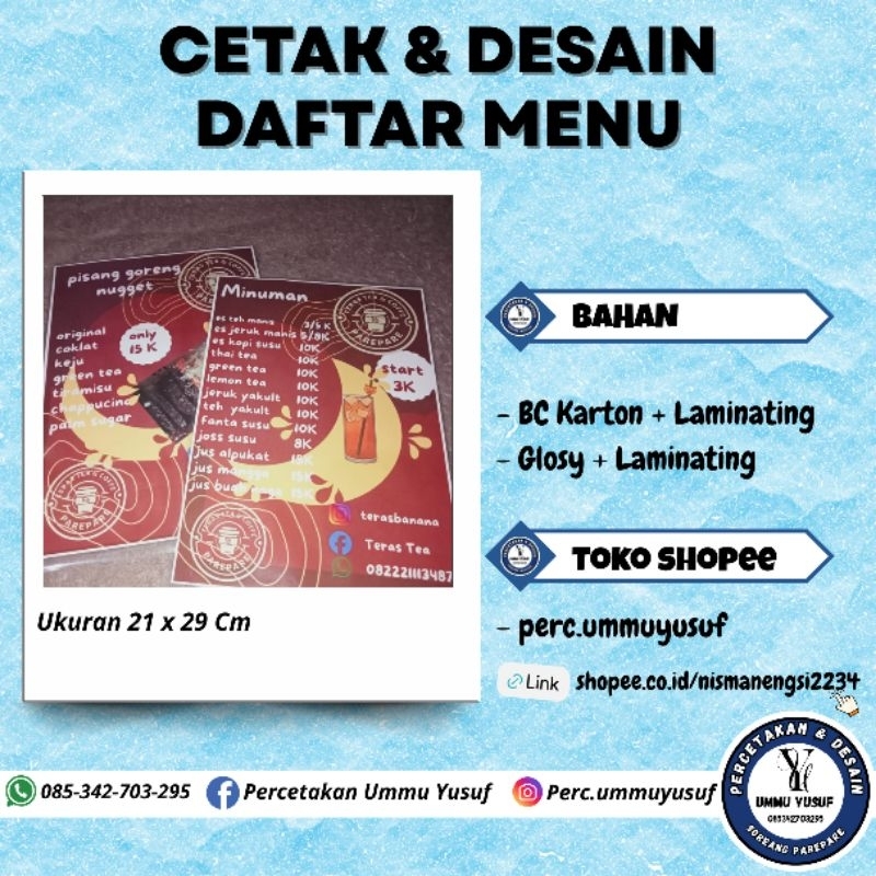 

COD Cetak Daftar Menu Makanan Minuman Cafe Sudah Laminating Anti Air