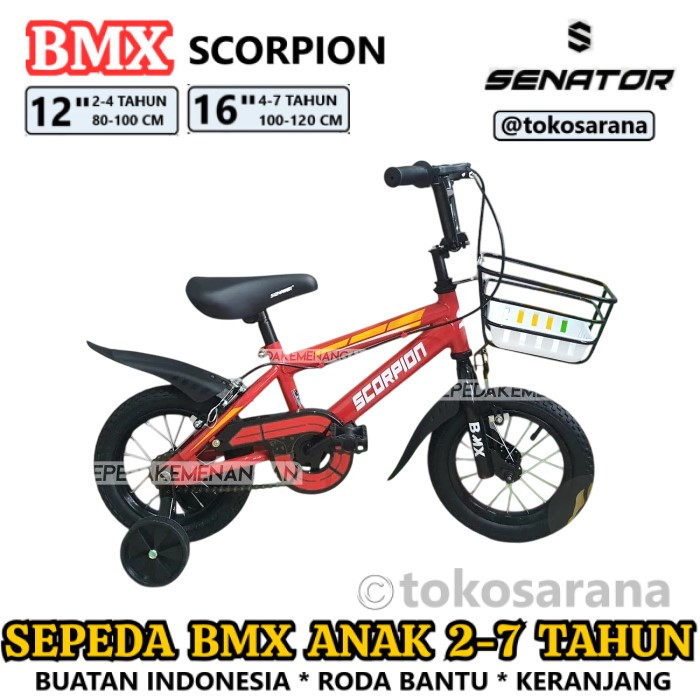 Sepeda Anak Senator Scorpion MX2 BMX 12" 16" Rangka Steel Roda Bantu Rem Caliper 2-7 Tahun Laki-Laki