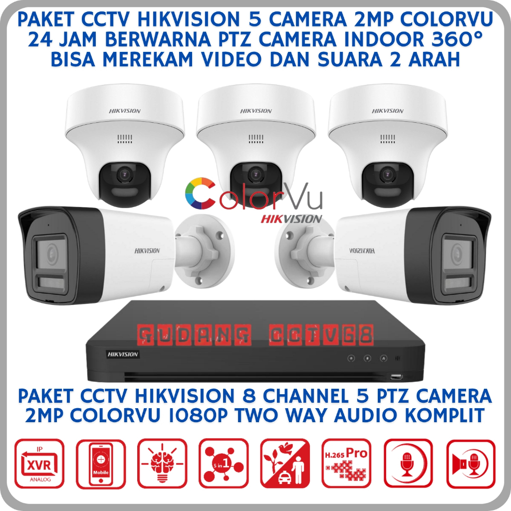 PAKET CCTV HIKVISION 5 CAMERA 2MP COLORVU TWO WAY AUDIO SERIES 1080P CAMERA CCTV SUARA 2 ARAH 360°