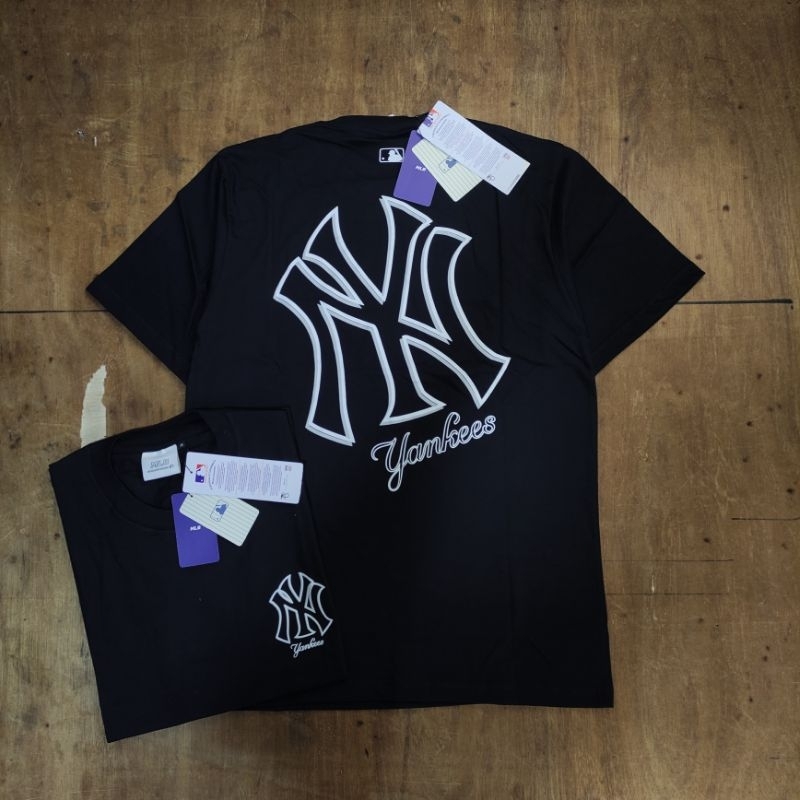 KAOS OVERSIZE MLB NEW YORK YANKEEES OUTLINE SHADOW GREY LOGO BASIC PRINTED BLACK TEES BESTSELLER