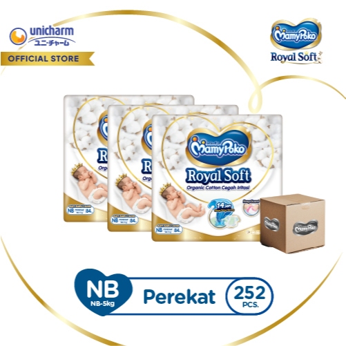 MamyPoko Royal Soft Organic Cotton - NB 84 - Popok Perekat NewBorn Bayi Baru Lahir - Karton isi 3